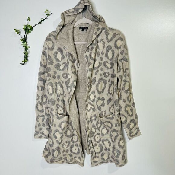 Charlie B Leopard Animal Print Gray Cream Hooded Cardigan Sweater Coat - Picture 2 of 10